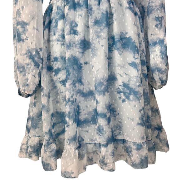 Fit & Flare Swiftie Dress Sz XL Blue White Balloon Sleeve Ruffle Floral Romantic - Picture 13 of 16
